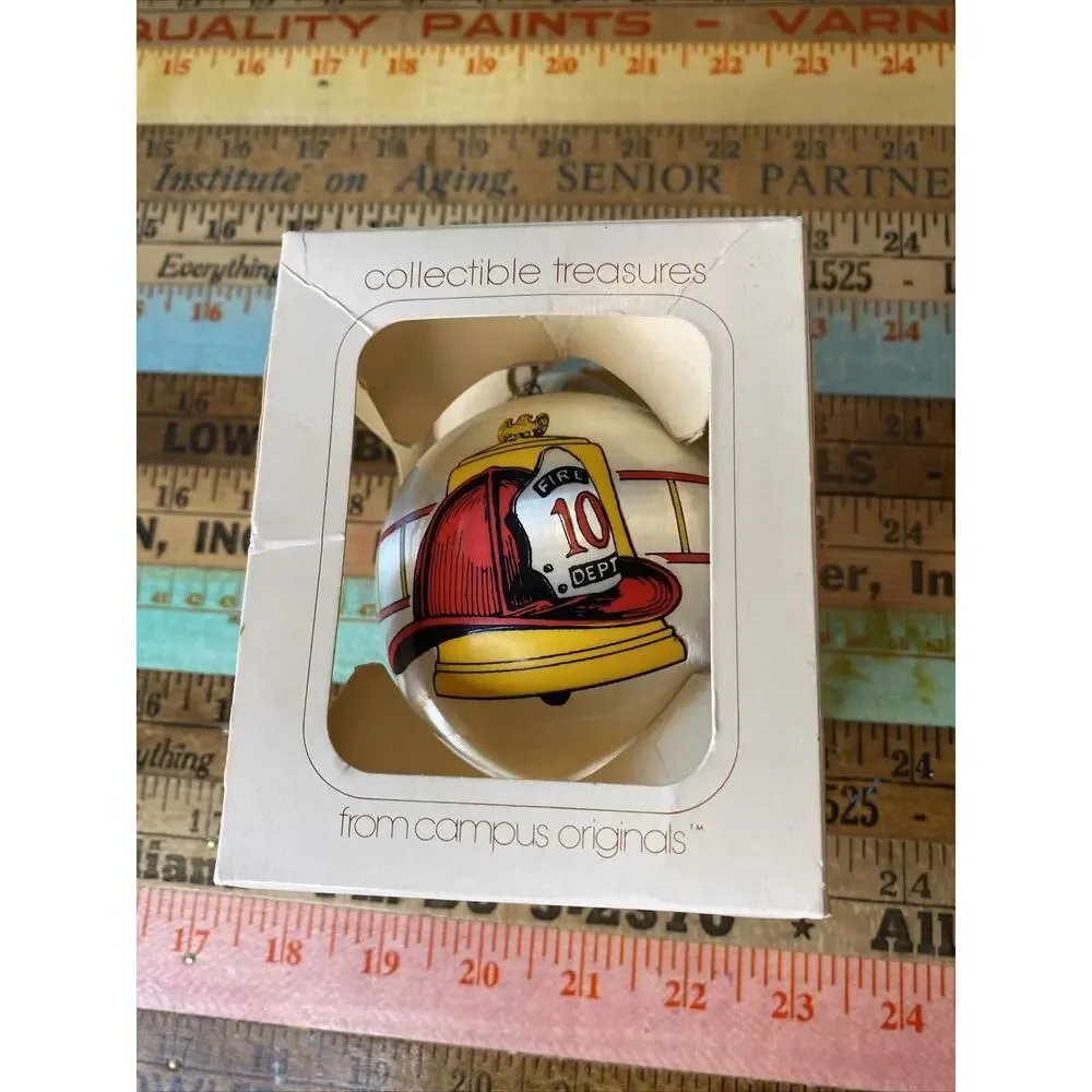 VINTAGE Satin Ball Firefighter Fire Dept 10 Christmas Ornament Fire Engine 80s